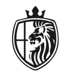 The Lions Logo consists of a shield. inside the shield there is a window pane design with the silhouette of a lion encompassing the right side.